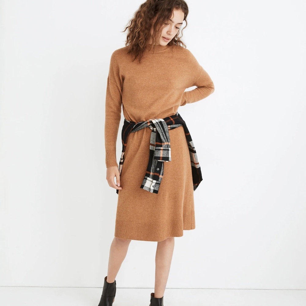 Madewell Camel Long Sleeve Knit Midi Dress in Recycled Cashmere - Picture 2 of 15